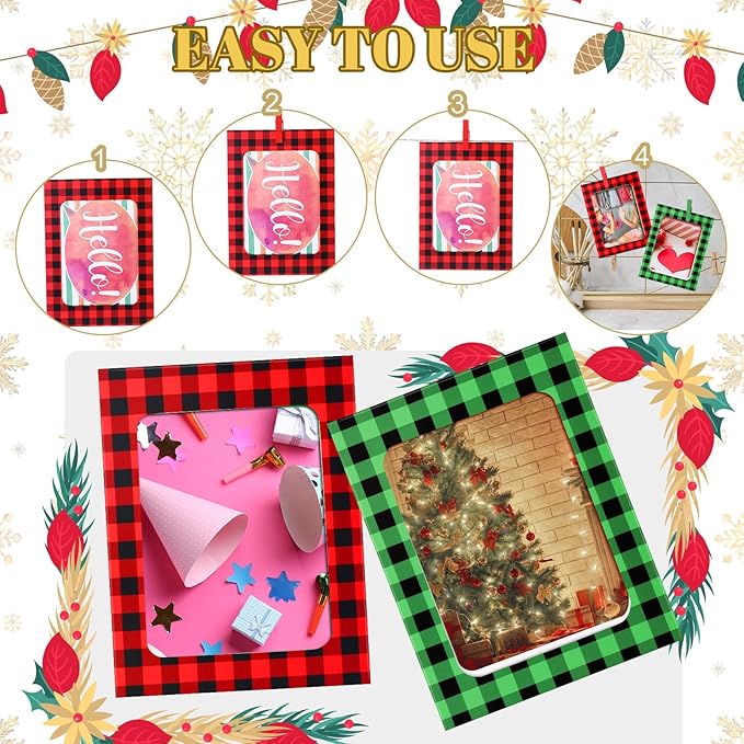 Janlaugh 100 Pcs Christmas Paper Photo Frames 4x6 Red and Green Paper Picture Frame with 100 Clip 10 String Kit DIY Hanging Cardboard Photo Holder Christmas Wall Decor Wedding Home