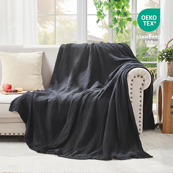 EMME Cotton Muslin King Blanket Bed Layering Breathable Gauze Blanket Soft Lightweight Blankets Adults (Black, 108"x90")