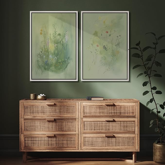 SIGNFORD Framed Canvas Print Wall Art Set Whimsical Green Wildflower Illustration Modern Art Decorative Nordic Nature for Living Room, Bedroom, Office - 16"x24"x2 White