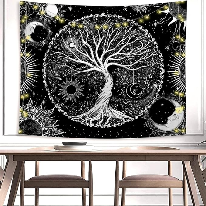 AACKart Tree of Life Tapestry for Bedroom Aesthetic Room Decor-Black and White Spiritual Tree Tapestry Wall Hanging with Sun Moon Star 78.7×59.1 inches