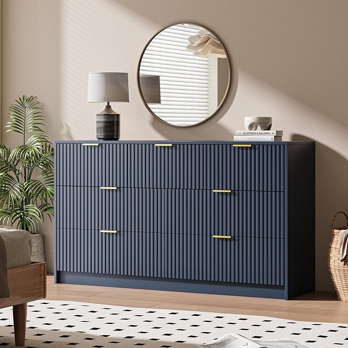 7 Drawer Dresser for Bedroom, Modern Fluted Dresser with Gold Metal Handles, Wide Chest of Drawers for Bedroom, Living Room, Entryway, Hallway, 55.9" L x 15.7" D x 31.4" H, Navy Blue