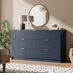 7 Drawer Dresser for Bedroom, Modern Fluted Dresser with Gold Metal Handles, Wide Chest of Drawers for Bedroom, Living Room, Entryway, Hallway, 55.9" L x 15.7" D x 31.4" H, Navy Blue
