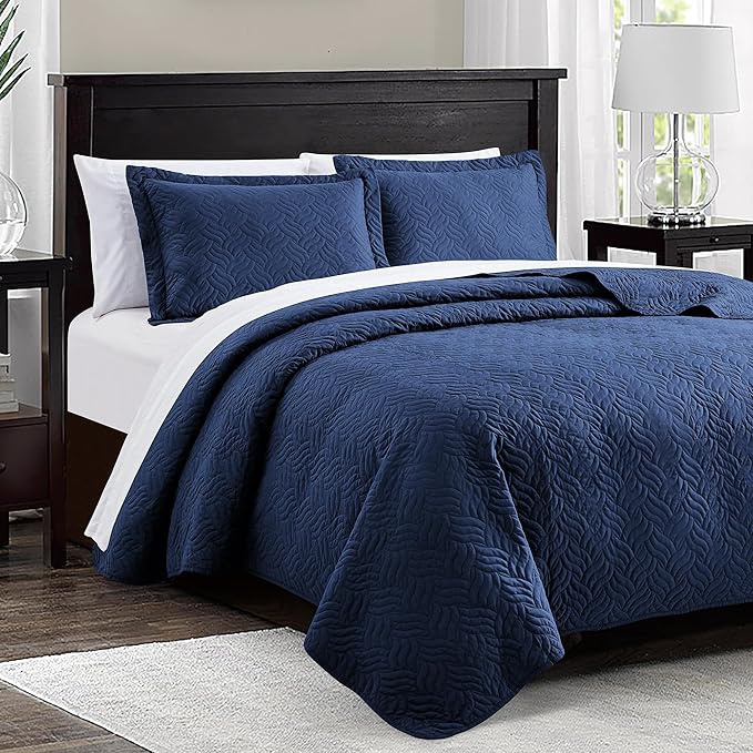 Love's cabin Twin Quilt Set Navy Blue Bedspreads - Soft Bed Summer Lightweight Bedspread Comforter - Modern Style Wave Pattern Coverlet for All Season - 2 Pieces (1 Quilt, 1 Pillow Sham)