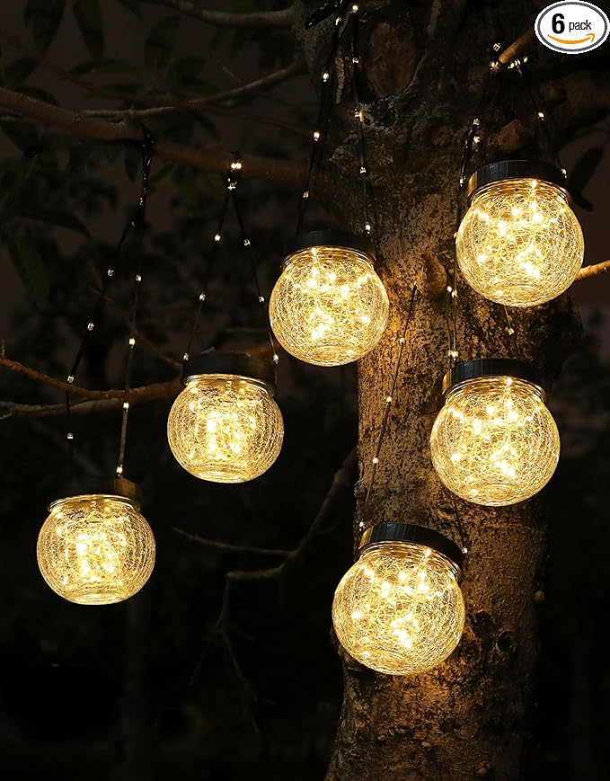 PARTPHONER Solar Lanterns Solar Lights Outdoor Waterproof 6-Pack, Solar Powered Hanging Lights Cracked Glass Hanging Globes for Christmas Decoration, Shepherd Hook, Garden Tree Ornaments