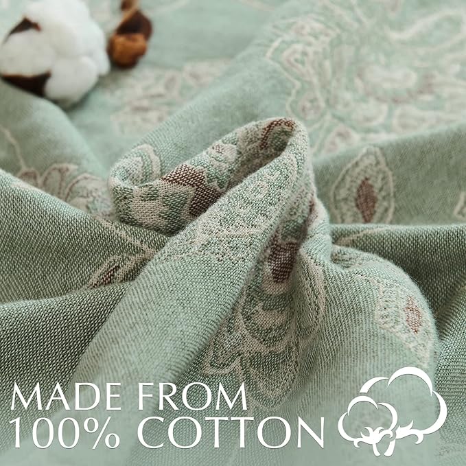 jinchan Boho 100% Cotton Muslin Queen Size 80x90 Inches Blanket Lightweight 4-Layer Quilted Soft Green and Beige Floral Throw Blanket Reversible Comfy Flower Rustic All Seasons Couch Bedroom Decor