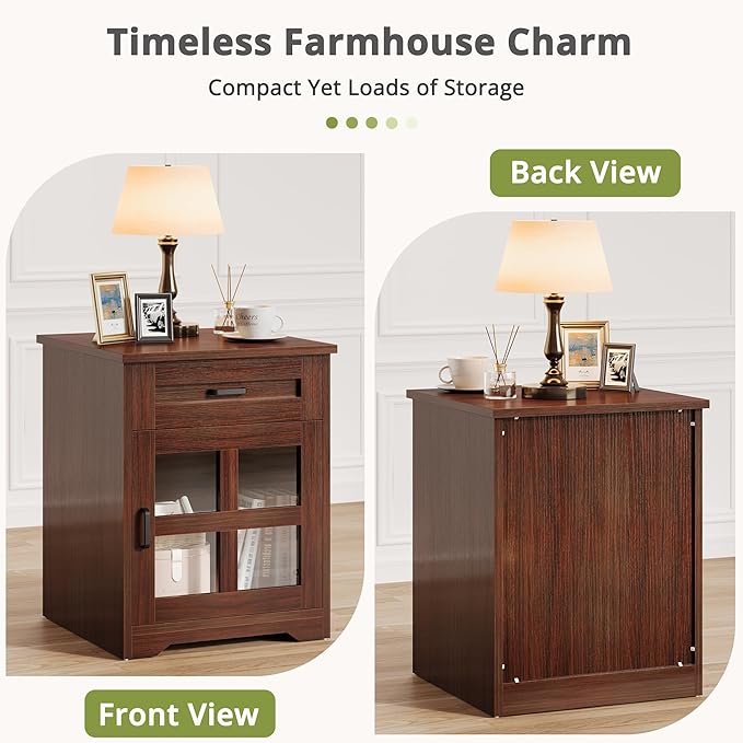 Farmhouse 18'' End Table, Narrow Sofa Side Table with Drawer and Barn Door, Wooden Nightstand Storage Cabinet for Living Room and Bedroom