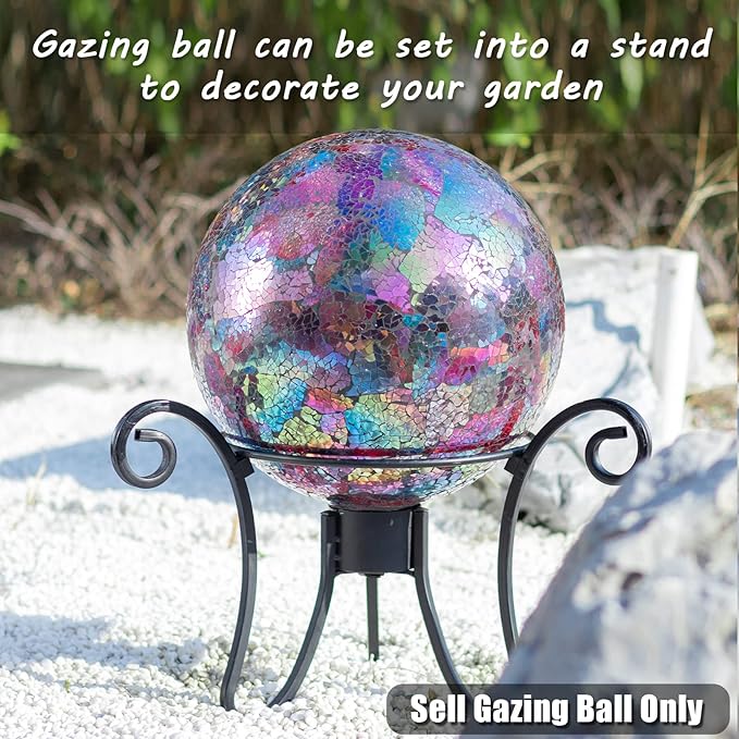VCUTEKA Gazing Ball, Iridescent Crackled Glass Mosaic Gazing Balls Sphere for Garden Lawn Outdoor Ornament Yard Decorative, 10-Inch, Purple