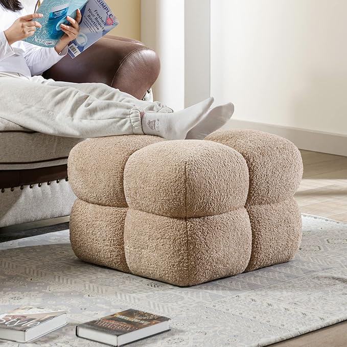ONEVOG 21" Light Brown Funky Ottoman, Square Fuzzy Couch Sherpa Pouf Ottoman, Tufted Fluffy Boucle Fabric Foot Stools, Upholsered Footrest & Coffee Table for Living Room Bedroom, Cute Pouf Home Decor