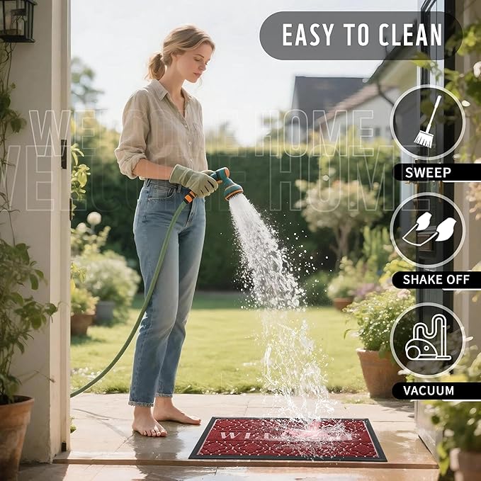 Yimobra Welcome Mat Outdoor Indoor, All-Season Waterproof Front Door Mat Outside Entrance, All-Weather Heavy Duty Non-Slip Doormat, Low Profile Porch Patio Entrance Mats, 47x32, Red