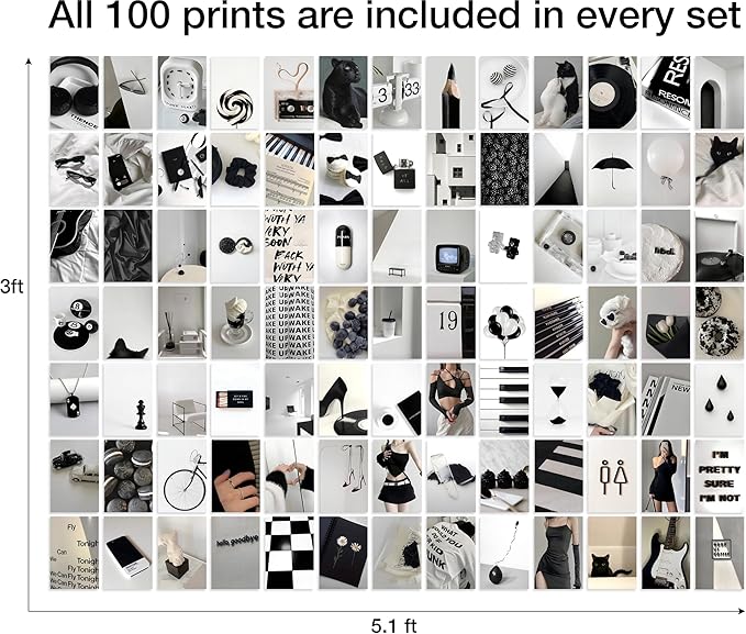 Mystic Black & White Aesthetic Wall Collage Kit – 100 Bold & Mysterious Photos, 4"x6" Semi-Gloss Prints for Teen Girls Dorm Room Decor, Monochrome Minimalist Art, Ideal Gift for Birthday & Graduation