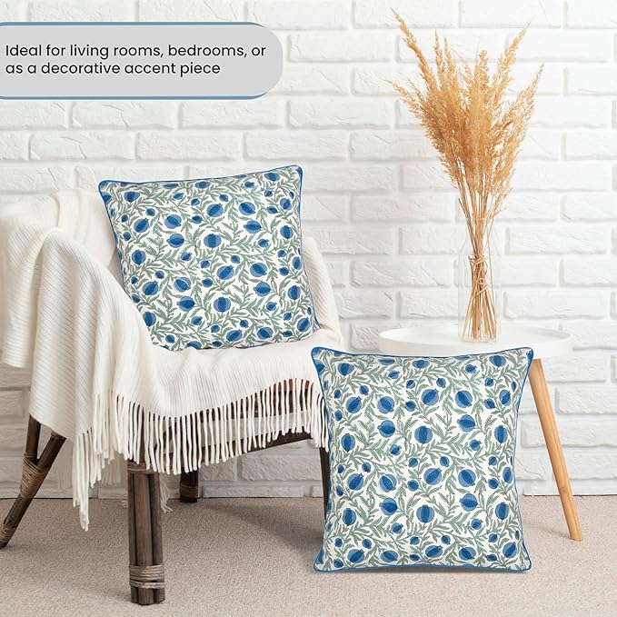 Ridhi Queen Blue Block Print Preppy Grandmillennial Pillow Cover Set of 2-20" x 20" Throw Pillow for Home White Floral Pillow Cover Grandmillennial Home Decor Thanksgiving
