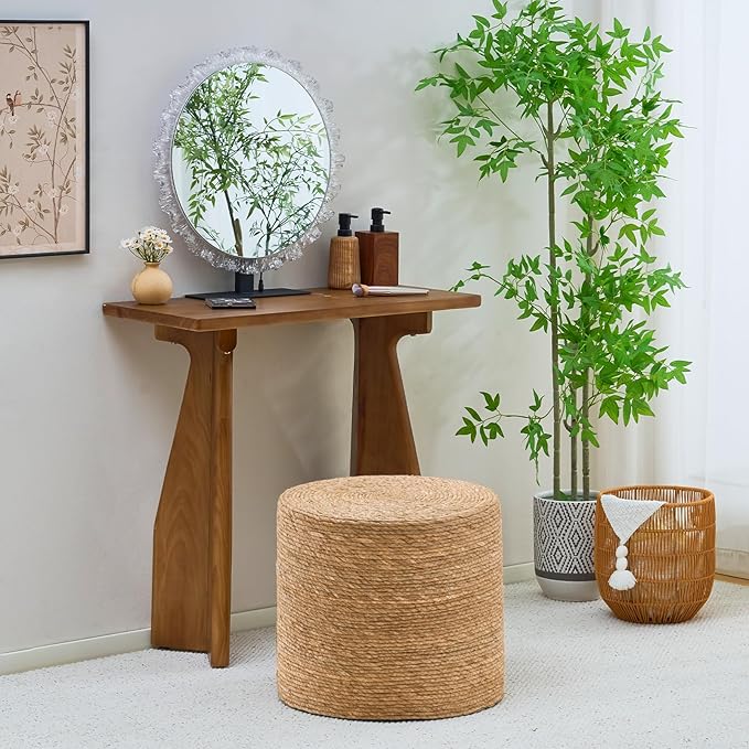 Wimarsbon 18'' Ottoman Pouf, Natural Braided Poof, Rustic Handweave Lounge Pouffe, Boho Footrest Stool for Bedroom, Accent Table for Living Room (18inch Natural Cattail)
