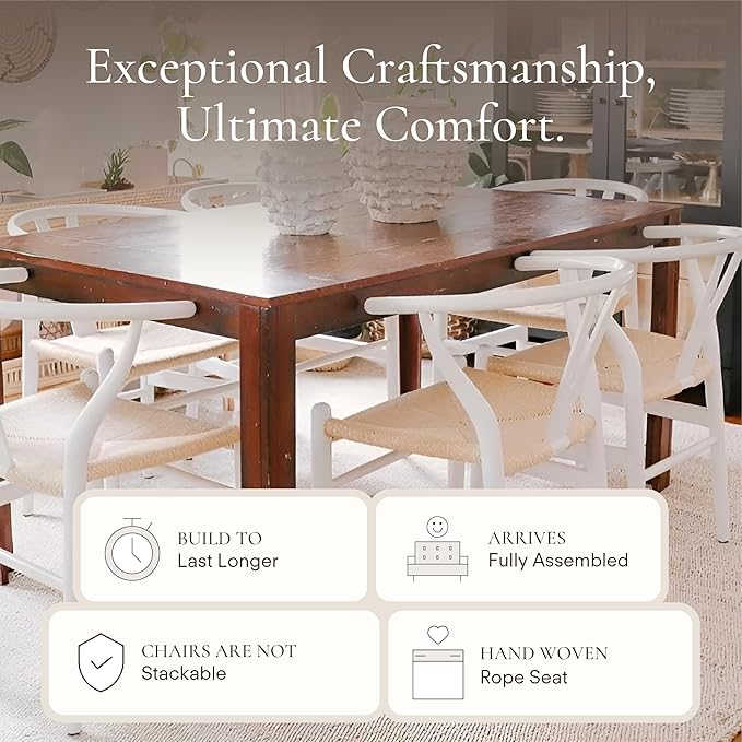 POLY & BARK Weave Dining Chair – Mid-Century Modern Wishbone Dining Chair with Arms, Solid Wood Frame, Indoor Use – White – Single - Ideal for Dining Room, Kitchen or Stylish Accent Setting