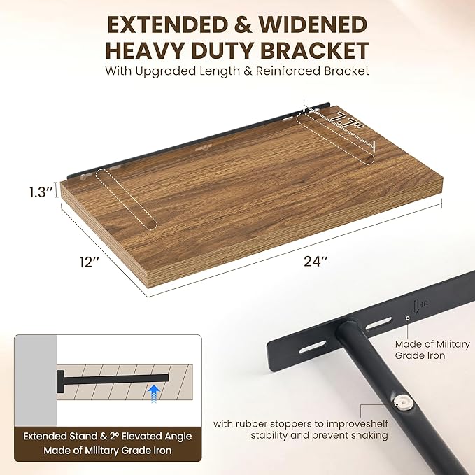 24" Floating Shelves for Wall, 12" Deep Slim Walnut Floating Shelves, Wall-Mounted Shelves for Bedroom, Living Room, Kitchen, Bathroom - Set of 2