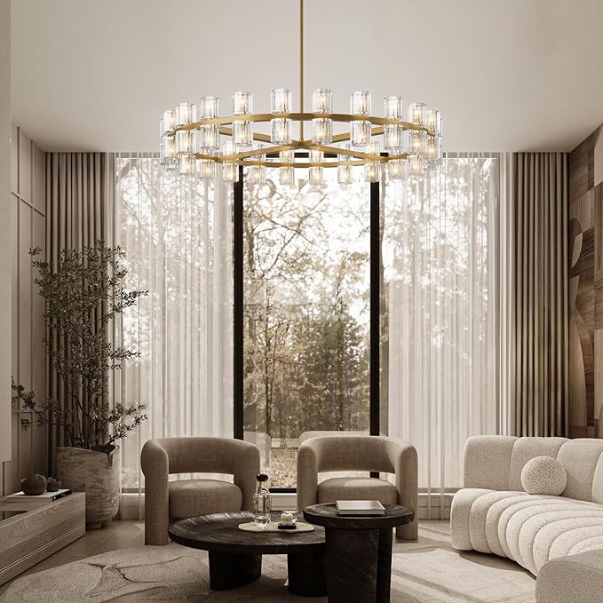 Modern 48 inch Gold Round Chandelier Light Fixture,Crystal Chandeliers for Dining Room,Living Room, Wagon Wheel Chandelier Over Table, Chandeliers for Bedroom,Foyer,G4 Bulbs Included