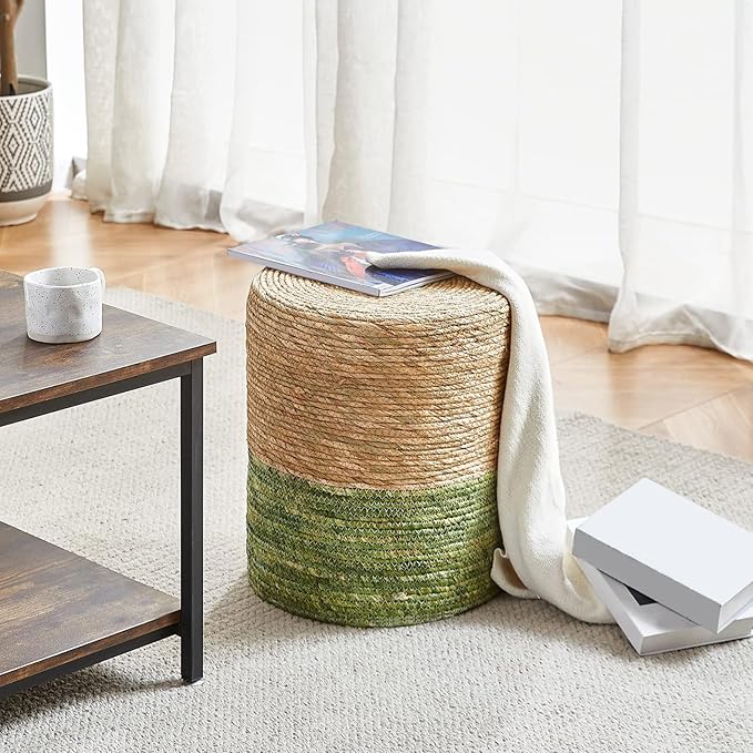 Wimarsbon Ottoman Poof, Natural Seagrass Poufs, Hand Weave Round Footstool, Pouffe Accent Chair, Sitting Braided Footrest W/Jute Cover, Outdoor Ottomans for Living Room, Bedroom