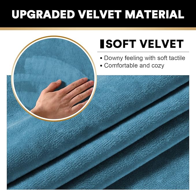 PrinceDeco Velvet Sectional Couch Covers, 4 Pieces, L Shape, Blue, 3 Seater + 1 Chaise