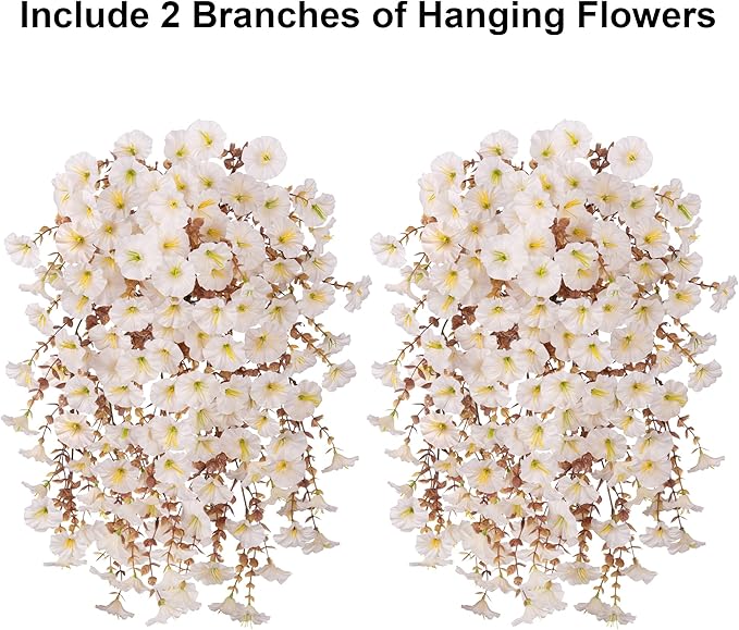 Ivydale 2 PCS Artificial Fall Hanging Flowers Fake Petunias Outdoor, Silk Faux Morning Glory Flowers with Eucalyptus Leaves,UV Resistant Realistic Mums Plants Vines for Home Garden Decor (White)