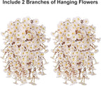 Ivydale 2 PCS Artificial Fall Hanging Flowers Fake Petunias Outdoor, Silk Faux Morning Glory Flowers with Eucalyptus Leaves,UV Resistant Realistic Mums Plants Vines for Home Garden Decor (White)