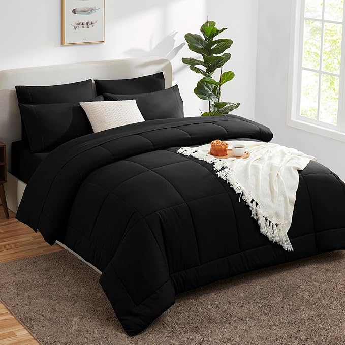 CozyLux Oversized Queen Comforter Sets Black, 7 Pieces Bed in a Bag, Ultra-Soft All Season Bedding Sets with Stitch Quilted Comforter, Flat Sheet, Fitted Sheet, Pillowcases, Black