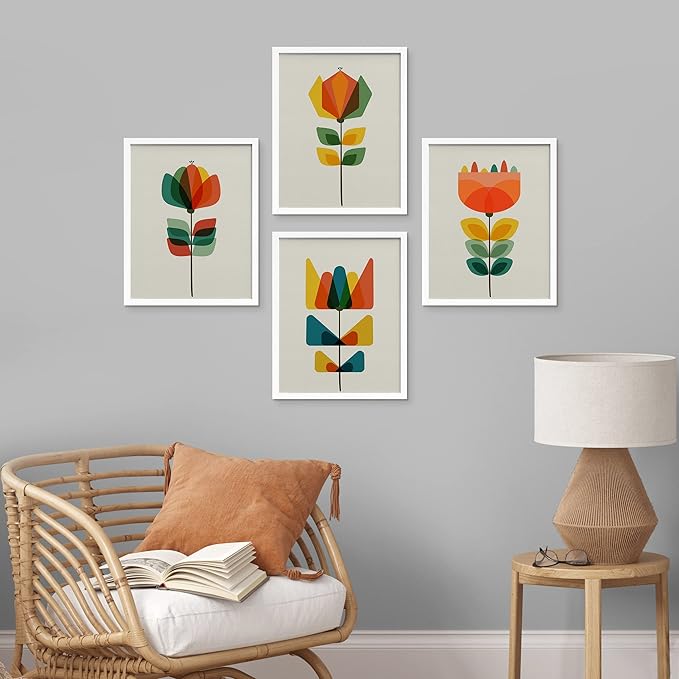 SIGNWIN Framed Mid-Century Modern Retro Botanical Flower Garden Wall Art, Set of 4 Abstract Geometric Wall Decor Prints, Nature Wilderness Wall Décor for Living Room, Bedroom - 11"x14" White