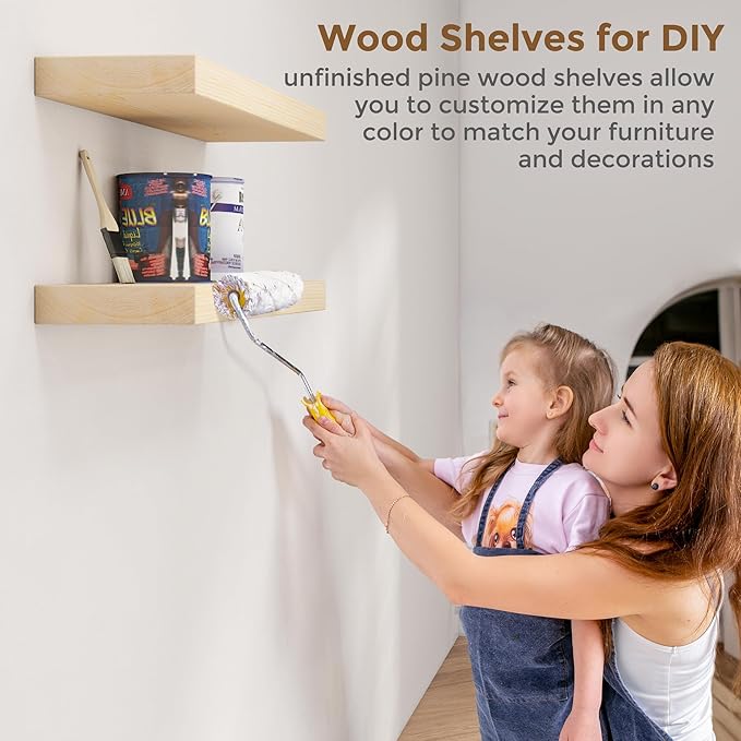 Marsmiles Natural Wood Floating Shelves for Wall - Small Wood Floating Shelves Set of 2-16 Inch Wide x 7.7 Inch Deep x 1.6 Inch Thick Wooden Shelves for Room Wall