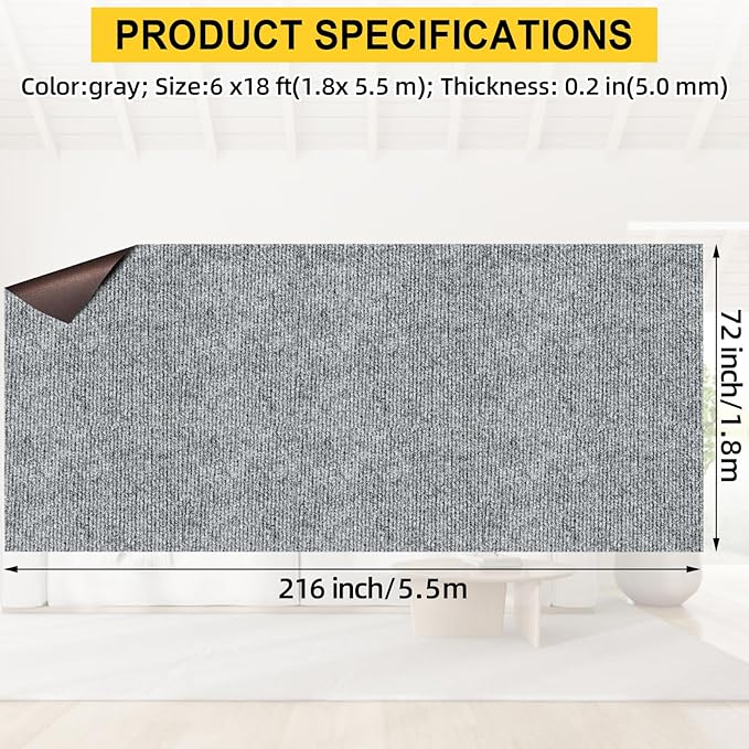 Marine Carpet,6 FT x 18 FT Smoke Gray Indoor Outdoor Carpet 0.2" Thick Boat Carpet with Water-Proof TPE Backing, Non-Slide Outdoor Marine Carpet Roll for Home, Patio, Porch, Deck