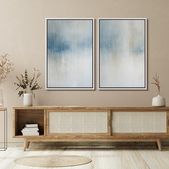 SIGNFORD Framed Canvas Print Wall Art Set Blue and Beige Abstract Modern Neutral Vertical Illustration Modern Art Decorative Nordic Nature for Living Room, Bedroom, Office - 16"x24"x2 White