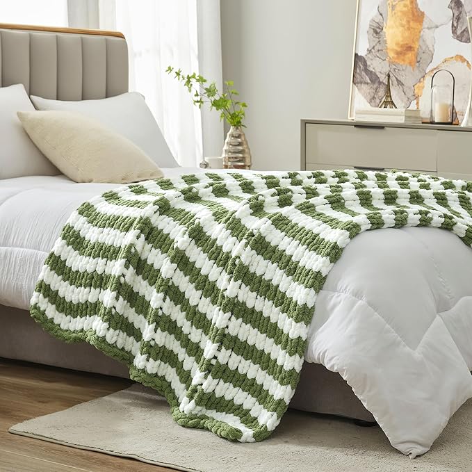 Amélie Home Chunky Knit Throw Blanket for Couch, Soft Chenille Crochet Blanket for Sofa, 50"x60", Sage Green & White Striped