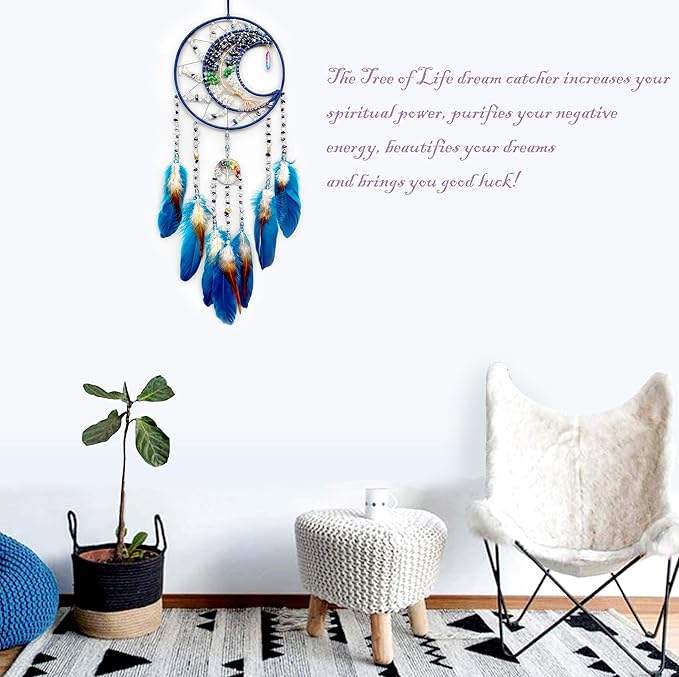 Tree of Life Dream Catchers,Handmade Rainbow Healing Crystal Stone Dream Catcher Wall Hanging Ornament for Bedroom Wedding Party Decor, Festival Blessing Gift (Blue Purple Tree of Life Art(Moon))