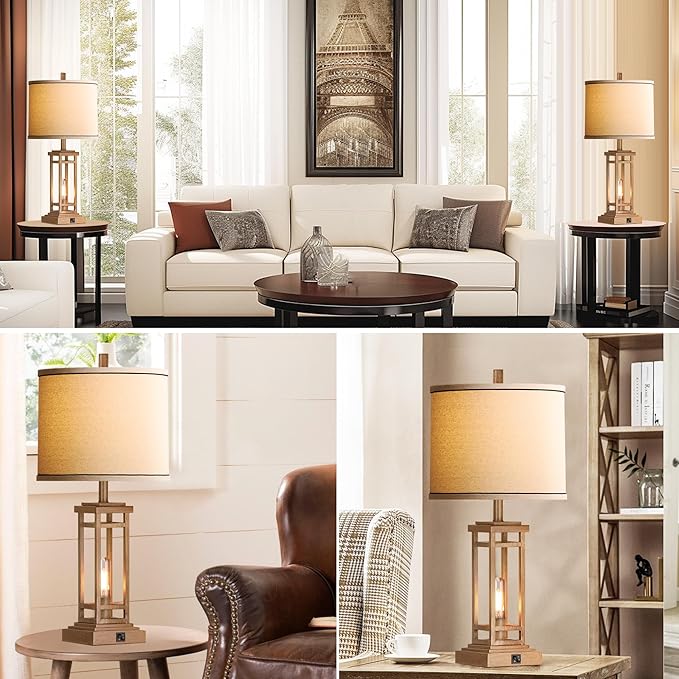 27.5 Tall Farmhouse Table Lamps with USB C + USB A Charge Ports, Rustic Living Room Lamps Set of 2, Black Industrial End Table Lamp for Bedroom Living Room Nightstand (Wood)