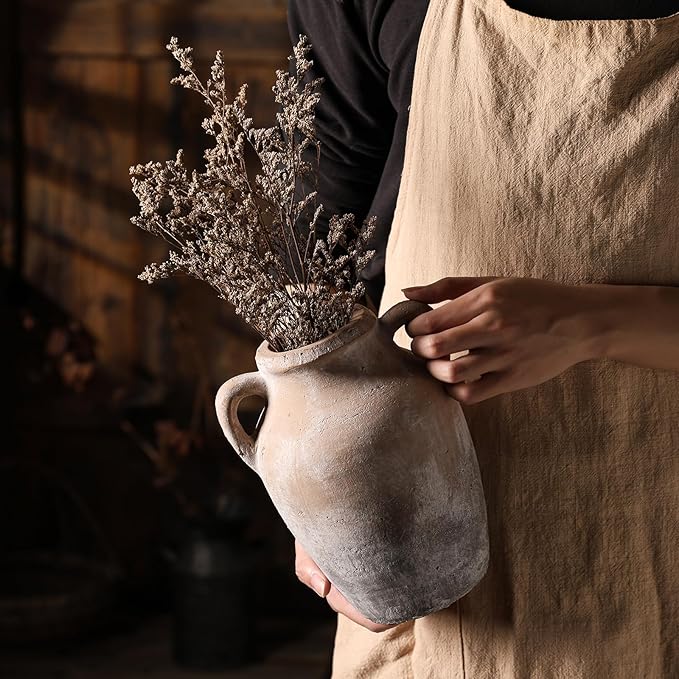 Rustic Farmhouse Decor - 8.46" Brown Ceramic Rustic vase with Dual Handles, Perfect for Home Decor, Vintage,Flower or Decorative vase