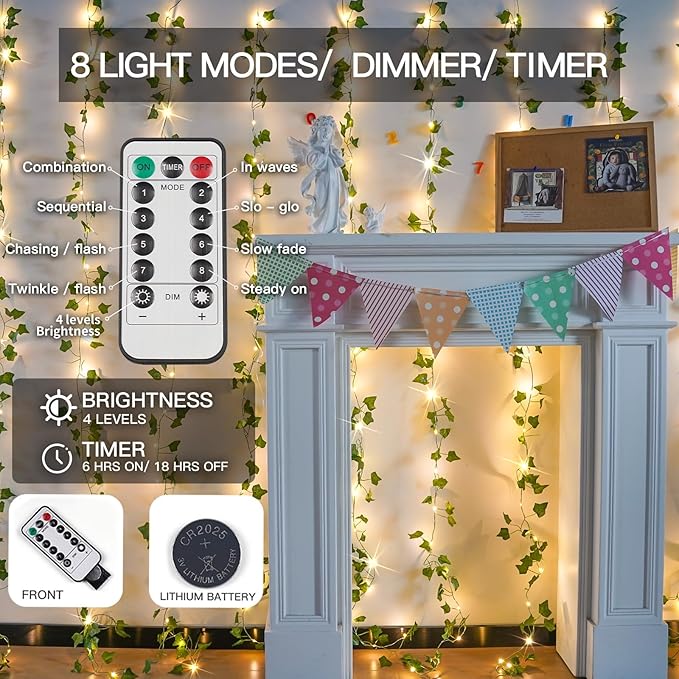 suddus Vines with Light for Bedroom, 200 LED Fairy Lights with Vines, Ivy Curtain Lights for Dorm, Wedding, Party, Wall, Indoor, Outdoor Decor, 6.5ft x 6.5ft