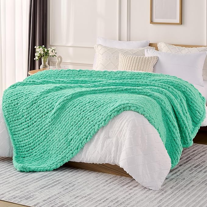 L'AGRATY Chunky Knit Blanket Throw: 60''x80'' Chenille Chunky Knitted Throw Blanket for Bed Couch - Handmade Thick Big Cable Knit Blanket - Large Crochet Rope Blanket for Home Decor(Aqua)