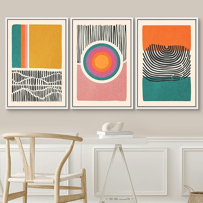 SIGNWIN Framed Canvas Print Wall Art Set Mid-Century Multicolor Color Block Shape Abstract Geometric Illustrations Graffiti & Street Art Modern Art for Living Room, Bedroom, Office - 16"x24"x3 White