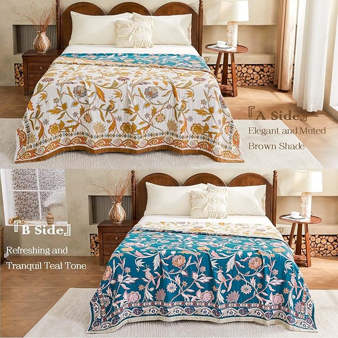 Fall Throw Blanket for Couch, Brown Boho Decorative Throw Blanket, 100% Cotton Muslin Breathable Woven Farmhouse Blankets Quilt, 90"x98" Reversible Lightweight Blankets Bohemian Throw Quilt