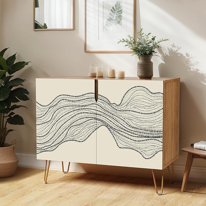 SIGNWIN Sideboard Buffet Cabinet, Kitchen Storage Cabinet with 2 Doors, Duotone Black Geometric Landscape, Cupboard Console Table for Dining Room - 35" L x 18" W x 29" H