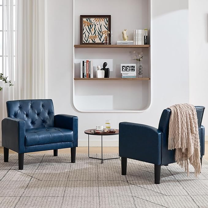 TYBOATLE Accent Chairs Set of 2 Comfy Living Room Chair Leather Tufted Mid Century Modern Accent Chair, Small Cozy Reading Arm Chair for Office, Bedroom (2, Blue)