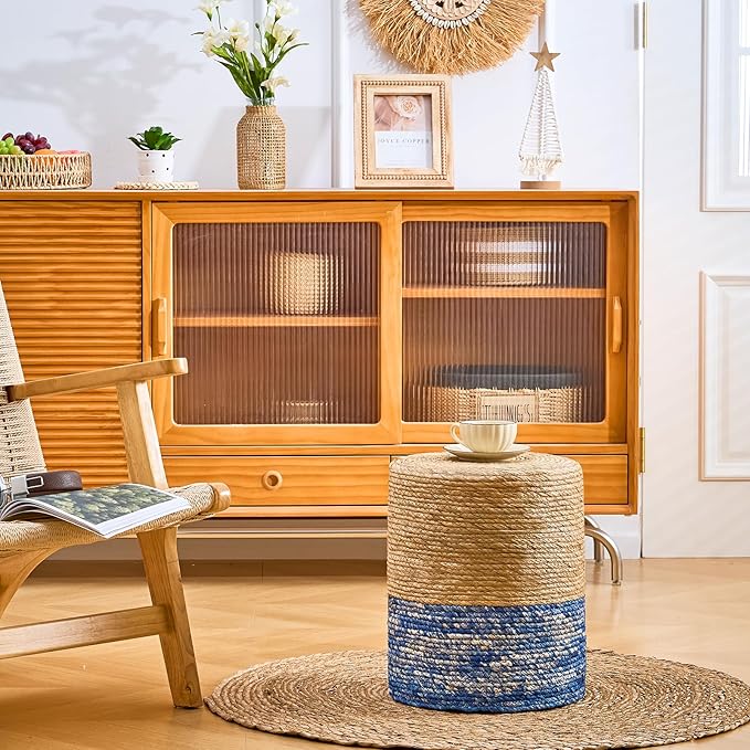 Wimarsbon Natural Seagrass Foot Stool, Hand Weaving Round Ottoman, for Living Room, Outdoor Seat (Natural & Blue)