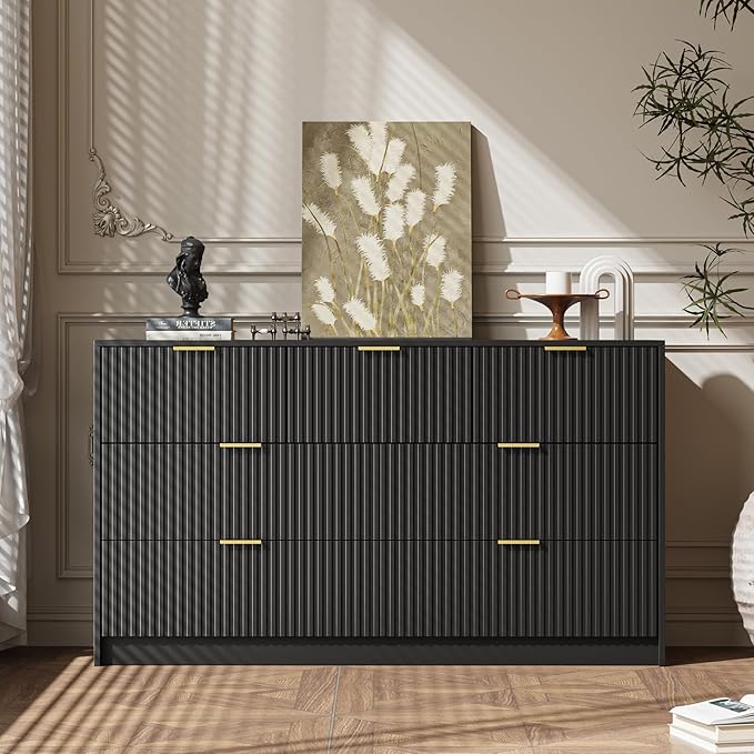 Black 7 Drawer Dresser for Bedroom, Modern Fluted Dresser with Gold Metal Handles, Wide Chest of Drawers for Bedroom, Living Room, Entryway, Hallway, 55.9" L x 15.7" D x 31.4" H