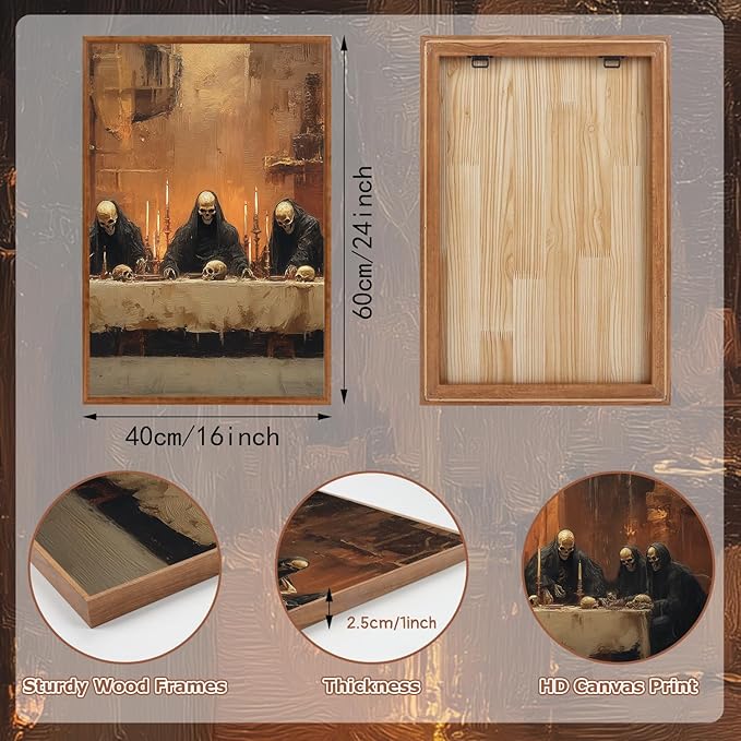 KAIRNE Framed Skeleton Canvas Wall Art,Abstract Retro Skull Pictures Set of 3(16”X24”),Scary Halloween Prints,Horror Wall Art,Skeleton Last Supper Posters for Living Room Bedroom Ding Room Decoration