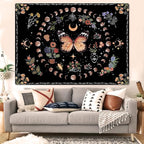 Fowocu Orange Butterfly Moon Flower Tapestry Boho Floral Plant Tapestries for Bedroom Aesthetic Tapastry's Wall Hanging Mandala Botanical Wall Tapestry for Living Room Dorm (Yellow, 80'' × 60'')