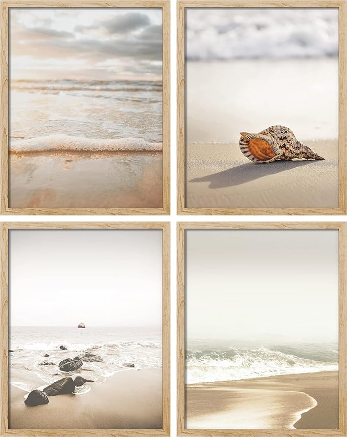 SIGNWIN Framed White Minimal Beach Shore Ocean Sea Seashell Wall Art, Set of 4 Landscape Colorful Wall Decor Prints, Nature Wilderness Wall Décor for Living Room, Bedroom - 11"x14" Natural