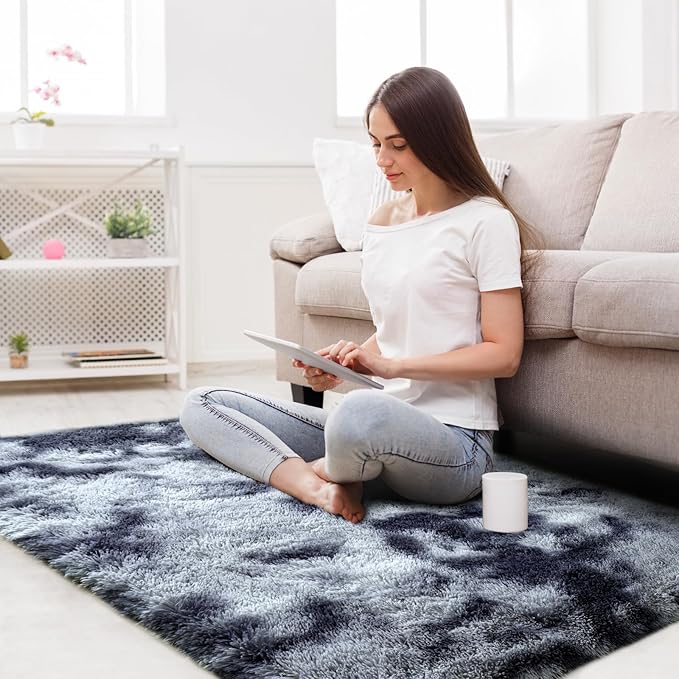 Fluffy Area Rug for Bedroom: Grey Plush Soft Bedside Dorm Area Rug - Small Carpets for Bedroom Kids Room Nursery (Tie-Dyed Dark Grey, 3x5Feet)
