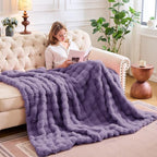 Lotus Karen Faux Fur Throw Blanket Purple - Big Bubble Rabbit Fluff Blanket for Couch Bed Sofa,Softest Fluffy Fuzzy Cozy Blanket,Thick Furry Plush Shaggy Warm Blankets for Women,90x90 Inches