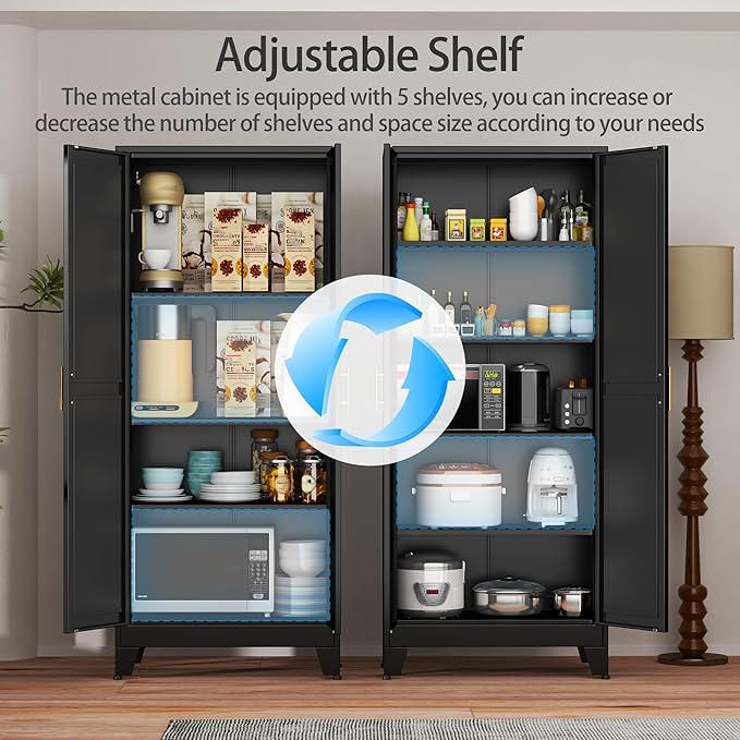 Black Metal Storage Cabinet,75" Steel Cabinets for Home Office, Kitchen Pantry Storage Cabinet with Doors and 5 Adjustable Shelves, Tool Cabinets, for Office, Home, Garage, School