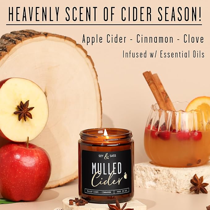 Mulled Cider Candle, Fall Candles I Apple Cider Candle w/Cinnamon & Nutmeg - Infused w/Essential Oils I Mulled Cider Fall Scented Candles (Soy) for Home I 9oz Reusable Jar I 50Hr Burn I Made in USA