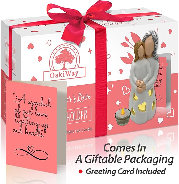 Hand-Painted Grandma-Granddaughter Candle Holder Statue Gift, with Flickering LED Candle | Gigi Grandmother Birthday Gift, Unique Nana Present Ideas for Christmas, Greeting Card Included