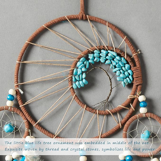 Pretty Jolly Brown Blue Feather Large Dream Catchers Wall Decor with Chakras Tree of Life Crystal Stone Ornament Handmade Dreamcatchers for Adult Boys Girls Bedroom Party Birthday Bless Gift-5Rings