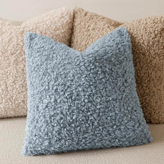 Foindtower 2 Pieces 22x22 Inch Misty Blue,Faux Fur Throw Pillow Cover Accent Sherpa Furry Pillow Covers Fuzzy Soft Pillowcases Cozy Sheepskin Decorative Fleece Cushion Case for Bed Couch Living Room